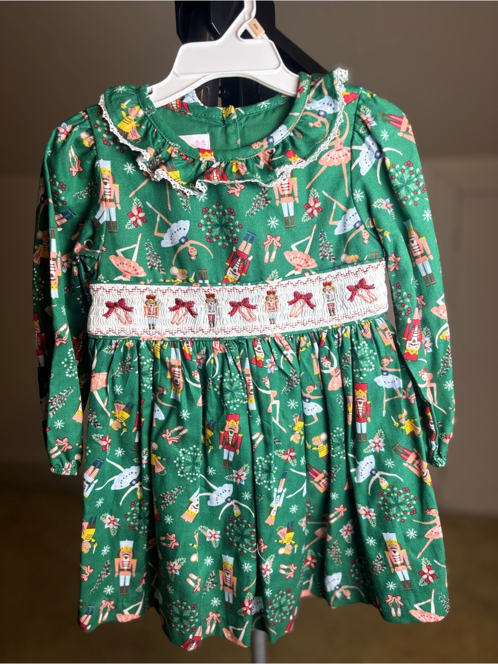 Bonnie Jean Green Nutcracker Smocked Holiday Dress
